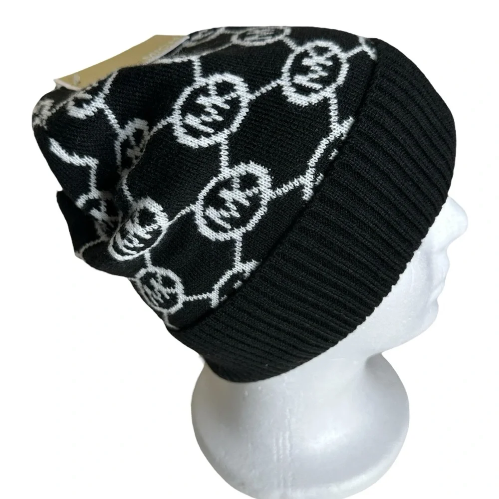 Michael Kors Black Circle Monogram Logo Jet Set Knit Beanie Hat NWT